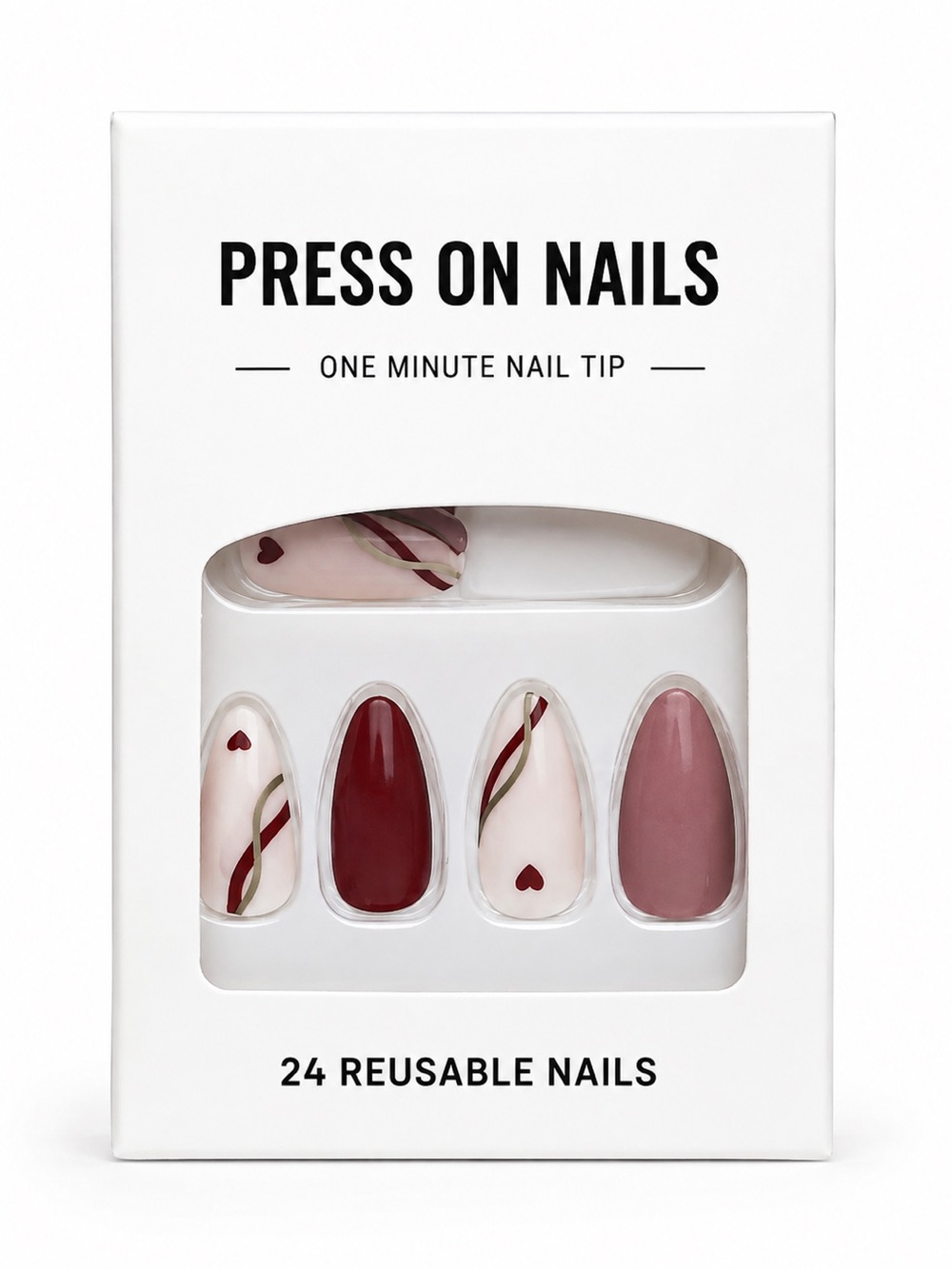 Valentine Heart Press On Nails Almond Red Pink 24pc Reusable New